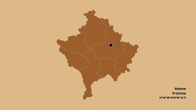 Uro&scaron;evac, district of Kosovo, with its capital, localized, outlined and zoomed with informative overlays on a solid patterned map in the Stereographic projection. Animation 3D