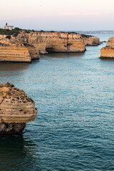 Algarve, Lisbon. Beautiful bay near Lagos town with high cliffs on the shore of the Atlantic Ocean. The Algarve is the southernmost region of continental Portugal. 