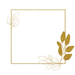 shiny gold frame. square frame with golden eucalyptus leaves. minimalistic vintage design for wedding, invitations, cards. cosmetics, perfumery, beauty salon. glitter clip art