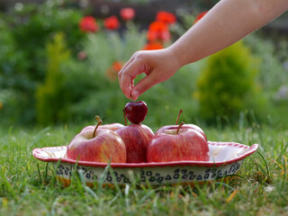 plate on grass, containing apples and a cherry on top, kid´s hand holding the cherry