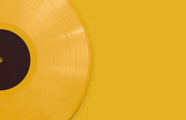 Yellow Vinyl Record with a Black Label on a Flat Yellow Surface. Summer Music Background with Copy Space. 3D Render. - obrazy, fototapety, plakaty