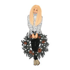 Blonde Hair Girl With Christmas Wreath Isolated On A White Background Hand Drawn Illustration	