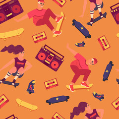 Girl, boy jumping and riding skateboard flat vector seamless pattern. Tape recorder or boombox, skateboard, longboard, sneaker and cassette around skateboarders texture.Textile or wrapping paper print