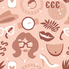 Woman style Seamless pattern. Vector illustration for surface design. Businesswoman objects flat texture background. Pastel color trend