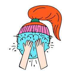 Face cleansing process in doodle style. Vector illustration of woman face in cleansing foam isolated on white background.