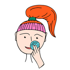 Process of using lotion for face cleansing in doodle style. Vector illustration of woman face with cotton pad in the hand isolated on white background.