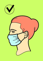 The head of a woman in a medical mask. Correct wearing of a medical mask during a viral epidemic or pandemic.