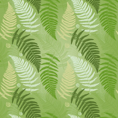 Seamless pattern with fern leaves on a green background