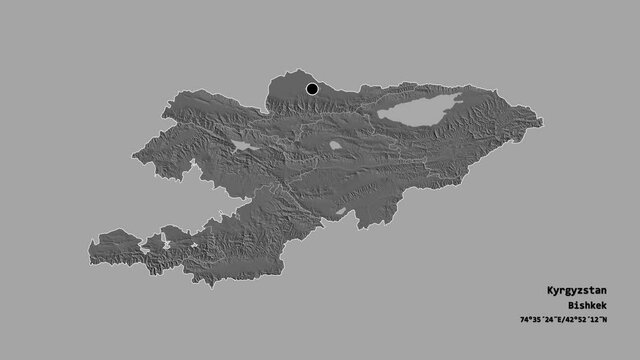 Talas, province of Kyrgyzstan, with its capital, localized, outlined and zoomed with informative overlays on a bilevel map in the Stereographic projection. Animation 3D