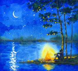 Watercolor night landscape. Bonfire by the river