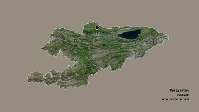 Talas, province of Kyrgyzstan, with its capital, localized, outlined and zoomed with informative overlays on a satellite map in the Stereographic projection. Animation 3D