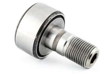 Needle roller bearing, cam follower with visible thread, isolated on a white background, macro shot.