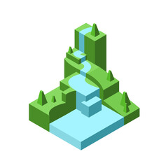 Polygonal model landscape. Waterfall in isometric. Vector illustration