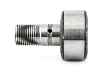 Needle roller bearing, cam follower with visible thread, isolated on a white background, macro shot, profile view.