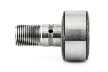 Needle roller bearing, cam follower with visible thread, isolated on a white background, macro...