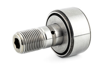 Needle roller bearing, cam follower with visible thread, isolated on a white background, macro shot.