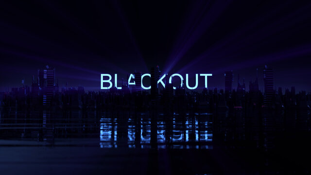 "BLACKOUT" | D&uuml;stere Skyline bei Nacht mit neon leuchtendem Schriftzug | 3D Render Illustration 