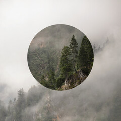Landscape. Abstract photography. Geometric background with polygons, mountains and clouds.