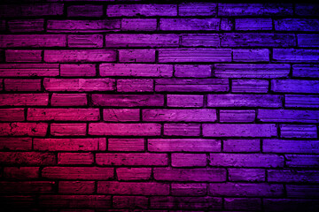Plakat Neon light on brick walls that are not plastered background and texture. Lighting effect red and blue neon background vertical of empty brick basement wall.