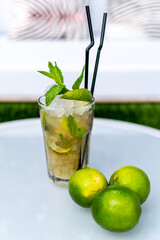 a close up image of a freshly made mojito cocktail on a table with lime garnish