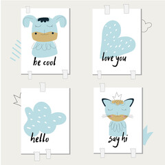 Vector collection of posters of cute characters, animal faces, symbols and motivating, greeting inscriptions.