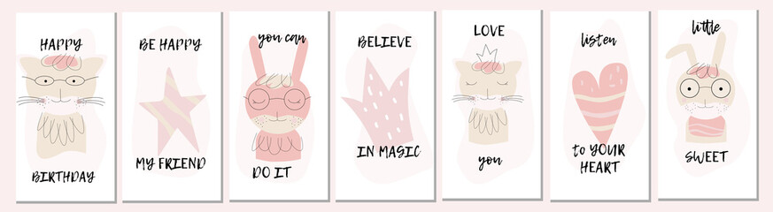 Vector collection of posters of cute characters, animal faces, symbols and motivating, greeting inscriptions.