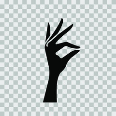 A woman's hand pinches something. Gesture, pinching with two fingers. Vector illustration, flat design, black silhouette isolated on white background, eps 10.
