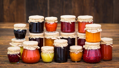 Various homemade fruit jam in the jars 