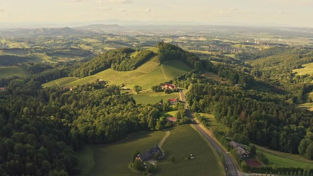 Aerial view of Austrian Vineyards in South Styria. Travel spot near Gamlitz, Austrian Tuscany. Region famous for white wine.