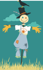 Cute scarecrow in California souvenir tee shirt standing in a wheat field, EPS 8 vector illustration