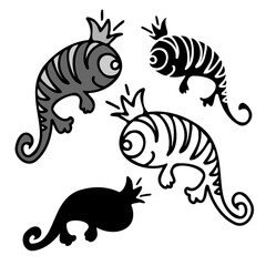 Vector isolated set design with decorative grey cute lizards with crown on white