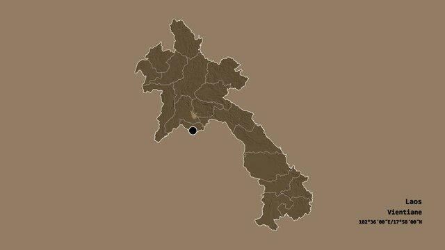 Ph&ocirc;ngsali, province of Laos, with its capital, localized, outlined and zoomed with informative overlays on a administrative map in the Stereographic projection. Animation 3D