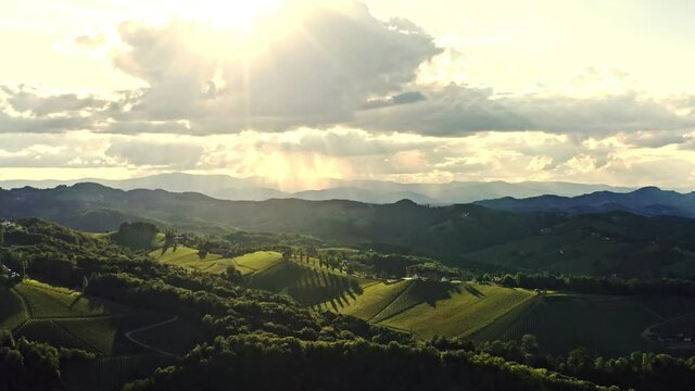 Aerial view of Austrian Vineyards in South Styria. Travel spot near Gamlitz, Austrian Tuscany. Region famous for white wine.