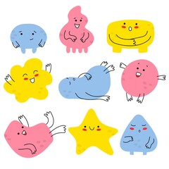 Hand-drawn multicolored doodles-monsters.Cute funny emotions. Vector set out of 9 of fun abstract monsters.Fashion illustrations for children.All elements are isolated.Funny weirdos.Smiling faces
