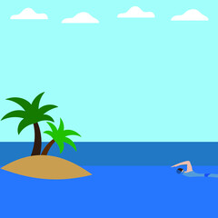 Fototapeta na wymiar Male character swims to the island with palm trees