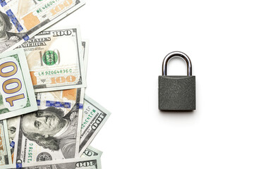 Save money concept. Washington American cash with padlock isolated on white. Usd money background.