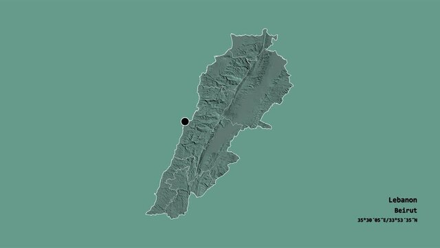 Bekaa, governorate of Lebanon, with its capital, localized, outlined and zoomed with informative overlays on a administrative map in the Stereographic projection. Animation 3D