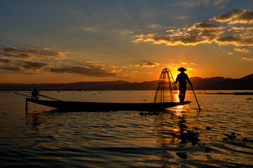 INLE, MYANMAR - JANUARY 27, Myanmar Inle Lake Burmese Fisherman On Boat Catching Fish By Traditiona. January 27, 2017.