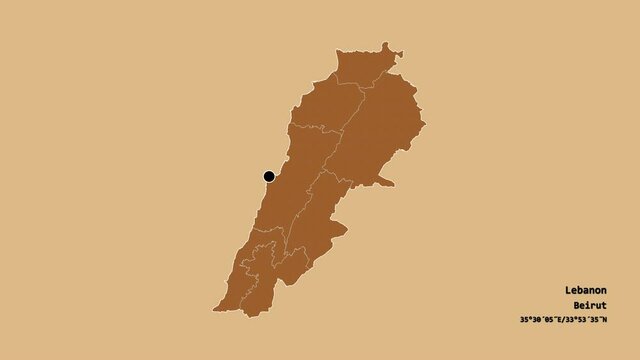 Bekaa, governorate of Lebanon, with its capital, localized, outlined and zoomed with informative overlays on a solid patterned map in the Stereographic projection. Animation 3D