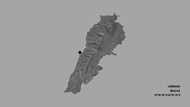 Mount Lebanon, governorate of Lebanon, with its capital, localized, outlined and zoomed with informative overlays on a bilevel map in the Stereographic projection. Animation 3D