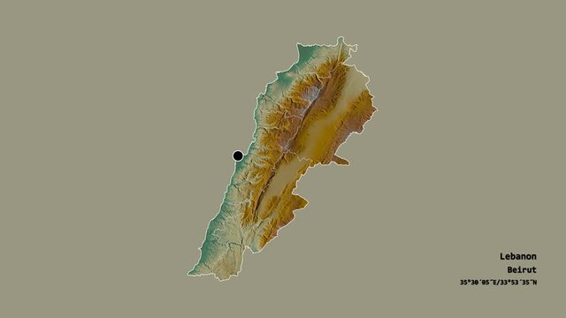 Mount Lebanon, governorate of Lebanon, with its capital, localized, outlined and zoomed with informative overlays on a relief map in the Stereographic projection. Animation 3D