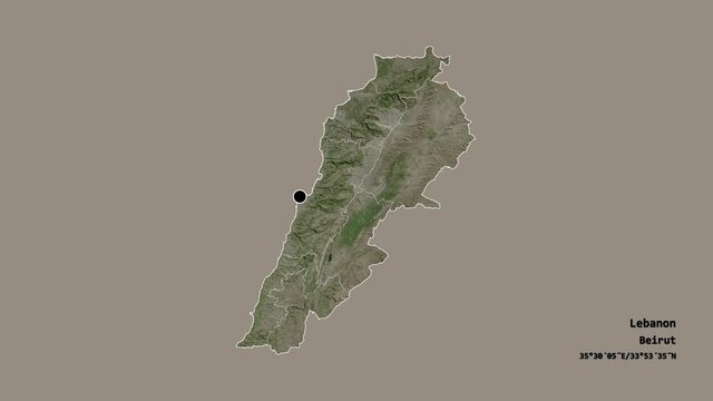 Mount Lebanon, governorate of Lebanon, with its capital, localized, outlined and zoomed with informative overlays on a satellite map in the Stereographic projection. Animation 3D