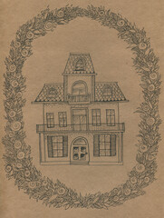 Victorian houses made with liner on craft paper