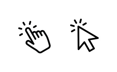 Hand and arrow clicking pointers. Click icons.