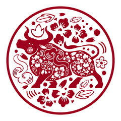 Chinese New Year 2021 composition in circle. The Year of the Ox. Vector ornate papercut silhouette illustration with buffalo and flowers