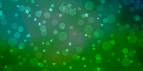 Light Green vector backdrop with circles, stars. Glitter abstract illustration with colorful drops, stars. Design for wallpaper, fabric makers.