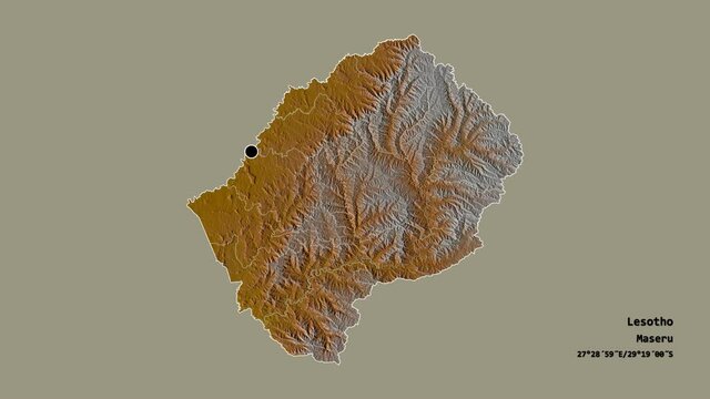 Berea, district of Lesotho, with its capital, localized, outlined and zoomed with informative overlays on a relief map in the Stereographic projection. Animation 3D