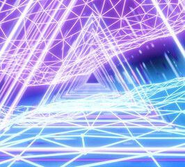 Futuristic corridor with triangles and wireframe, fluorescent ultraviolet light, blue pink spectrum, 3d illustration