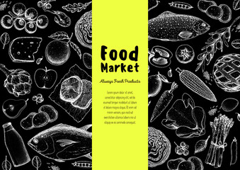 Various Foods sketch. Vector illustration. Vegetables, fruits, meat hand drawn. Organic food set. Good nutrition pattern. Hand drawn food design elements.