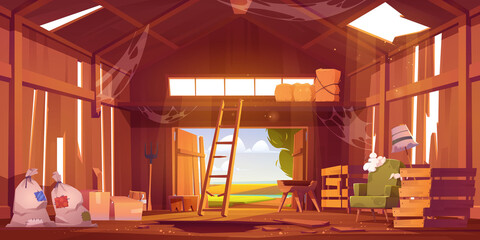 Abandoned barn interior with broken furniture, spiderweb and destroyed floor. Neglected farm house, ranch with haystacks, sacks, fork and open gate, old storehouse building Cartoon vector illustration © klyaksun